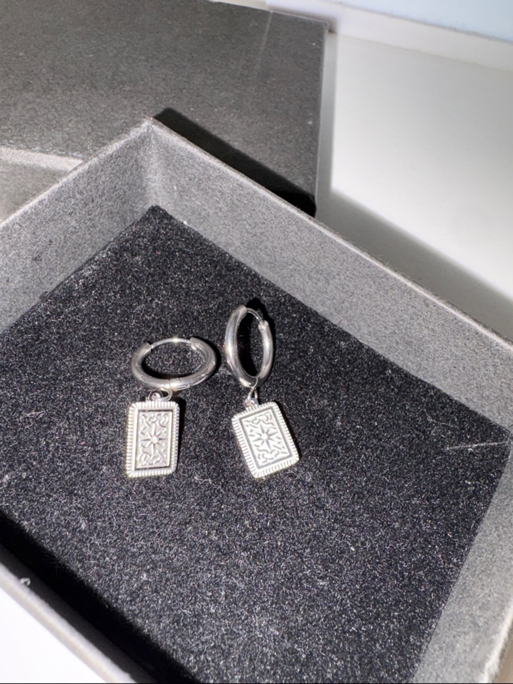 Silver Rectangular Charm Hoop Earrings - Floral Motif